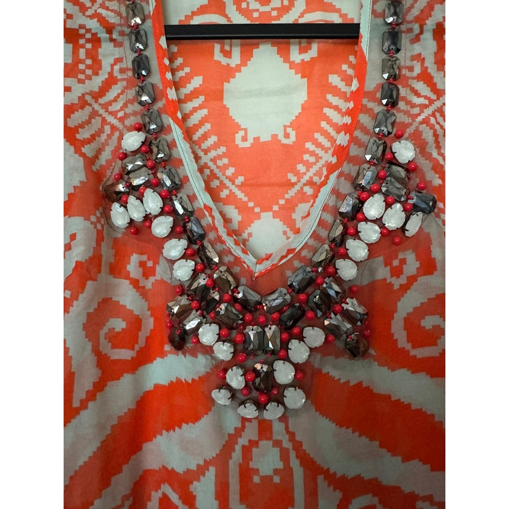 Milly of New York Orange Ikat SILK Blend Beaded V-Neck Tunic Blouse Size 8 Airy - Picture 5 of 10